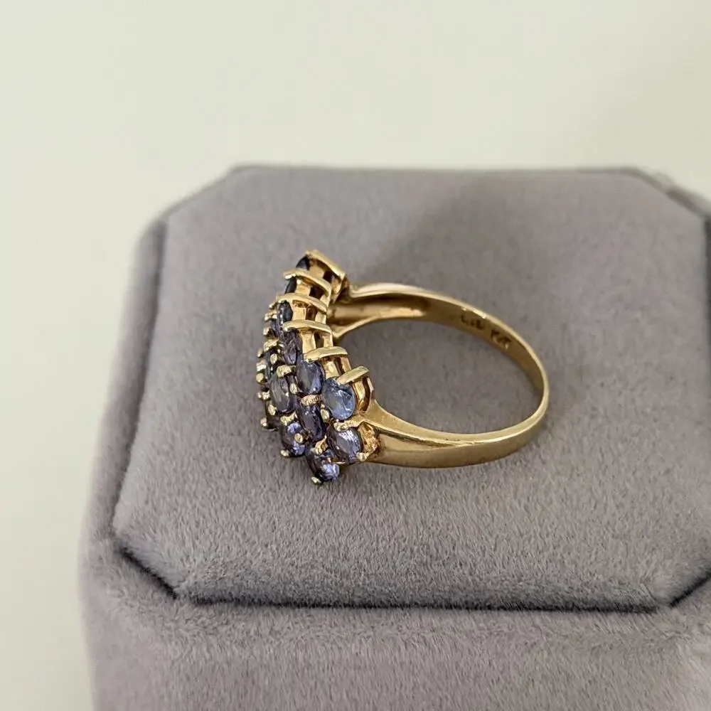 Clyde Duneier Designer 10K Yellow Gold Tanzanite Triple Row Ring Size 6